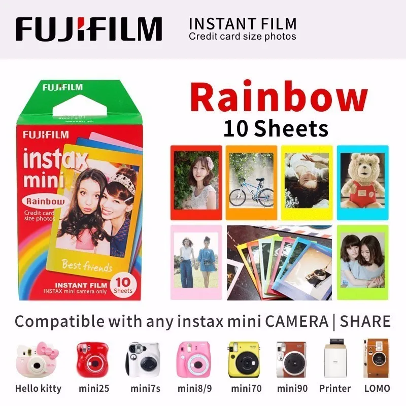 ЖК-дисплея с подсветкой FUJIFILM FUJI INSTAX MINI 9 пленка глянцевая фотобумага в 1 пакет для SP1 SP2 70 7cs 8 25 90 50 Lomo - Цвет: rainbow 10 Sheets