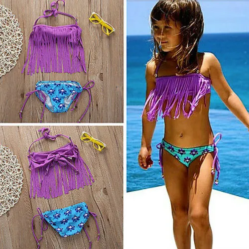 

2Pcs Toddler Kids Baby Girls Purple Suspender and Printed Briefs Two-piece Swimsuit Swimwear Bathing Suit Tankini Bikini Set