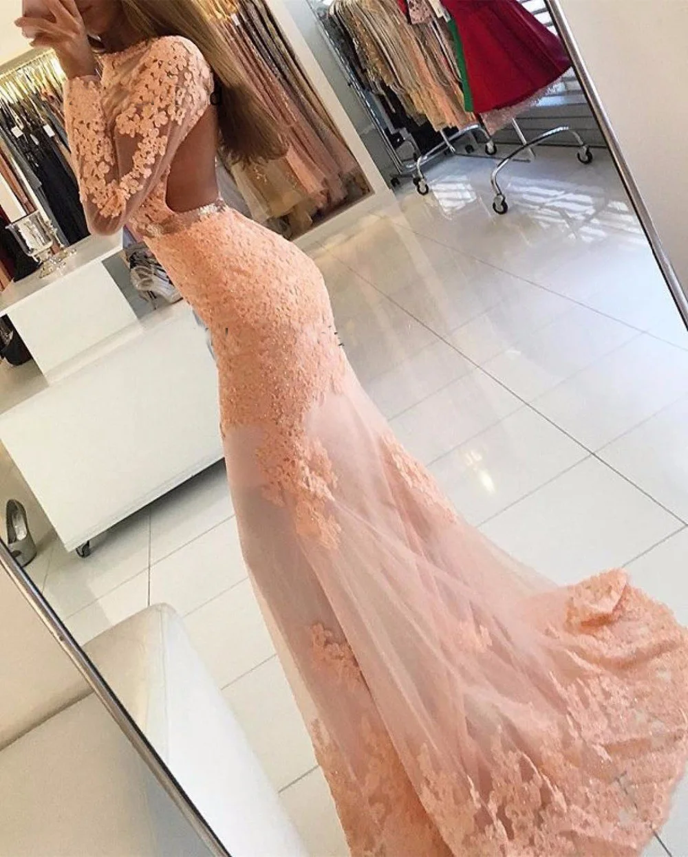 34-1      New Arrival Open Back Lace Mermaid Prom Dress Long Sleeve Appliques Evening Dresses Long Formal Dress Robe de soiree longue 2019