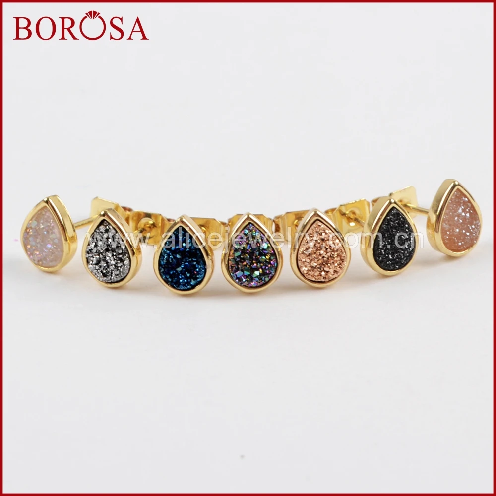 

BOROSA 5/10Pairs Teardrop Gold Color Bezel Rainbow Titanium Druzy Stud Earrings Agates Drusy Earrings for Women Jewelry ZG0276