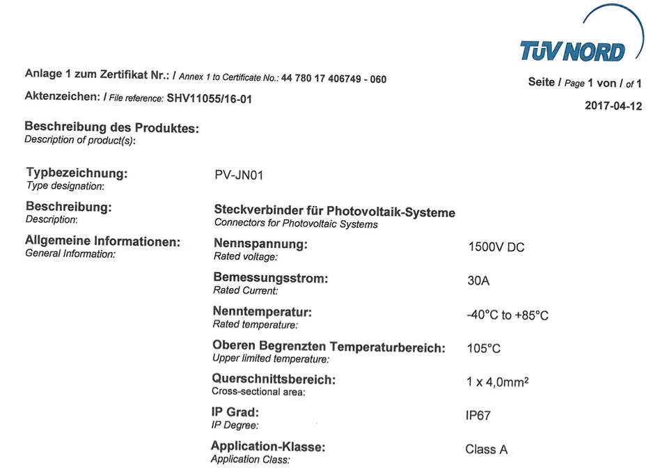 1500vdc mc4 specification