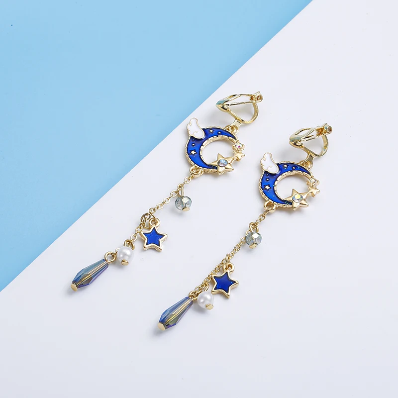 Korean Creative Clip On Earrings Cute Blue Universe Moon Star Asymmetric Long Tassel for Girl Women Without Piercing ear clip earrings,clip earrings,ear clip,ear accessories