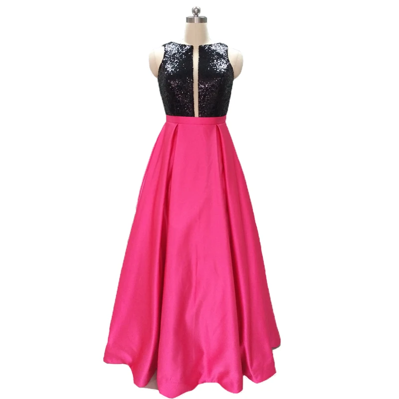 Sexy Formal Prom Dresses 2017 Boat Neck A-Line Satin Beaded Top Fuchsia Women Black Evening Dresses Robe de Soiree Longue CR01