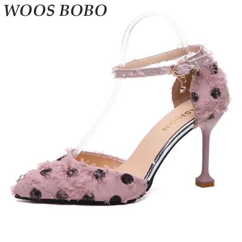 

2019 Summer Fashion High Heel Sandals Polka Dot Pointed Toe shoes Wave point 9cm Thin Heel Party Shoes Sweet Shoes Woman Brand