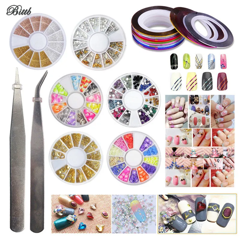 

Bittb Nail Rhinestone Decorations Set Kit Metal Studs Crystal Pearl Stone Fake Diamond Picker Tweezers Polish Nail Art Designs