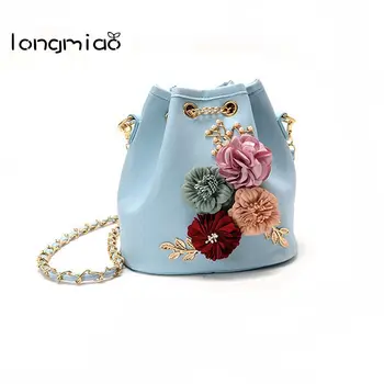 

longmiao Handmade Flowers Pearl Bucket Bags Mini Shoulder Bags Clutches Chain Drawstring Small National Style CrossBody Bags