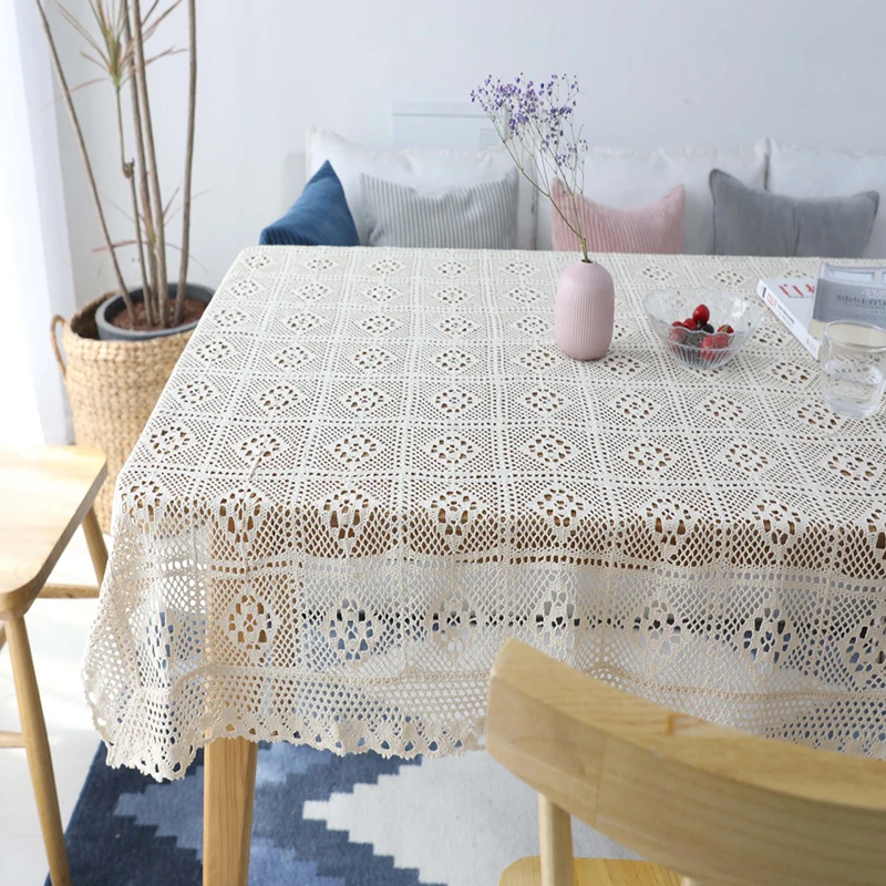 

New Style Full Hollow Embroidered White Lace Crocheted Tablecloth Cotton Rectangle Table Cloth Home Hotel Textile Decor SC011-30