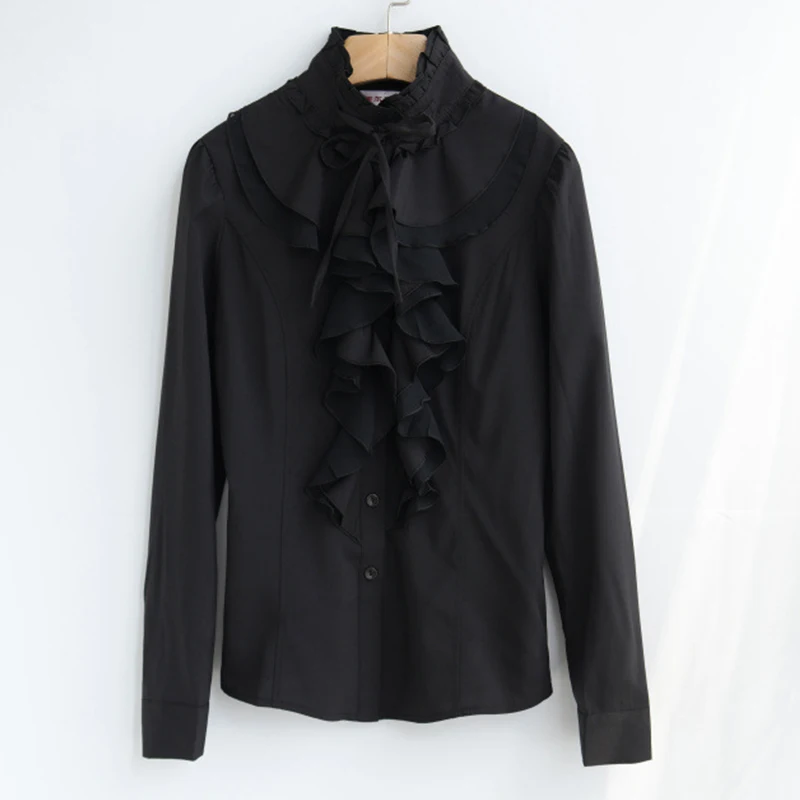 Women Lolita Shirt Long Sleeve Stand Collar Chiffon Blouses With Ruffles New 2018 Ladies Bow Shirt Royal Style Gothic Shirt