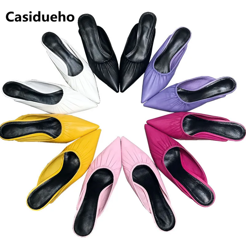 

Casidueho Elegant Slingback Shoes Woman Slides Soft Leather Stiletto Lady Sandals Pointy Toe Sandalias Mujer 2018 Slippers 40