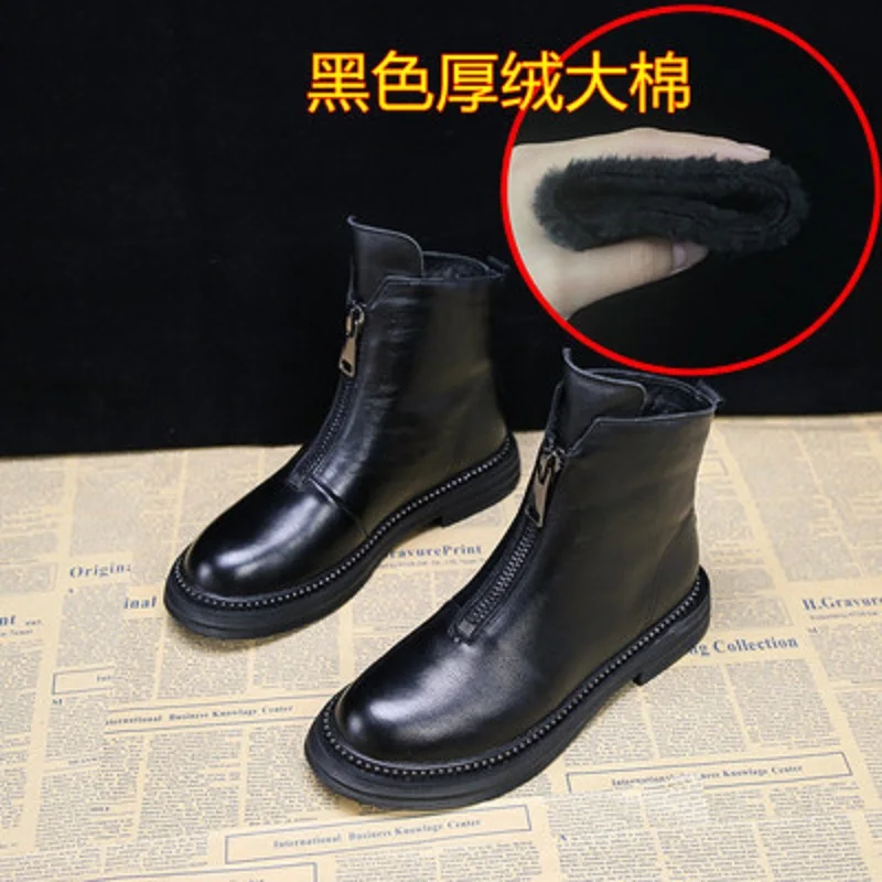 

Winter net red ladies booties new Martin boots front zipper short tube flat bottom wild plus velvet front zipper thin women's bo