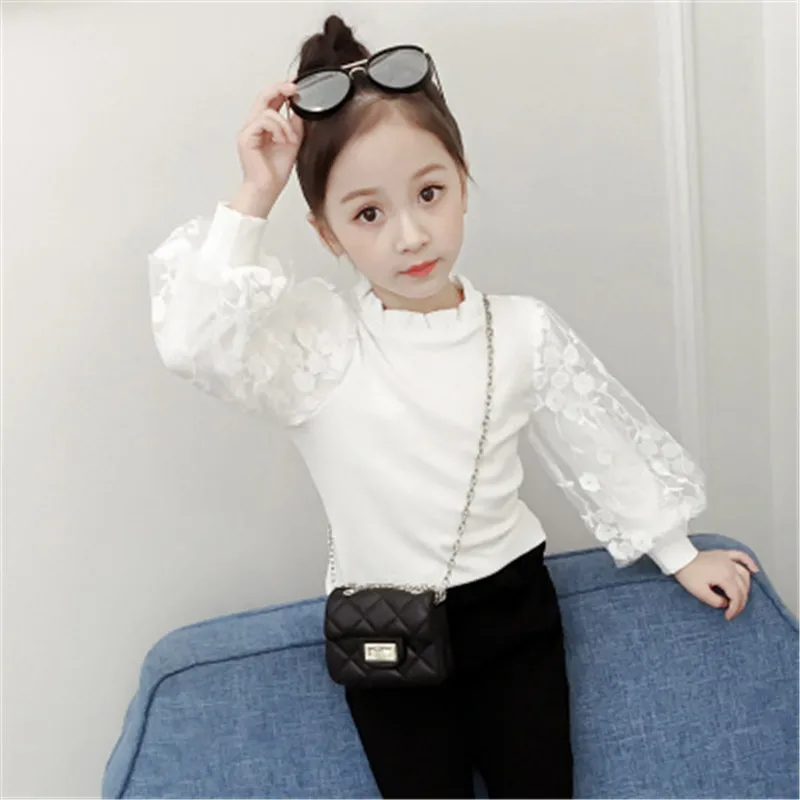 Girls Blouse White Lace Puff Long Sleeve Autumn Cotton Baby Toddler Teenager Girl Shirt Kids Tops Children Clothes A3035