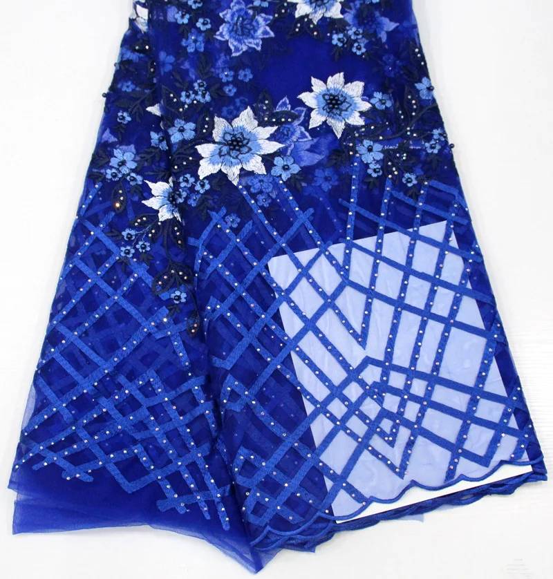 

New Colourful flowers with stones and beautiful French Tulle Lace,royal blue Good Price And Free Shipping Organza Lace Fabric