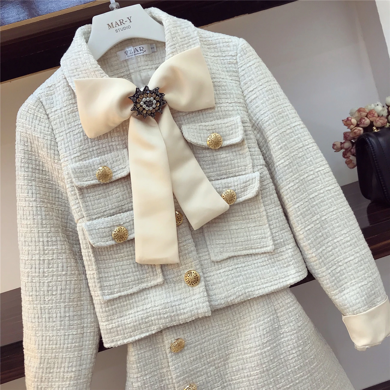Dames Étudiants Ensemble Vestes ligne Femme À Nouveau Automne Manches De Courtes Arc Jupes Longues Mode Court Définit Beige Gland Costumes A UW5Bgqw