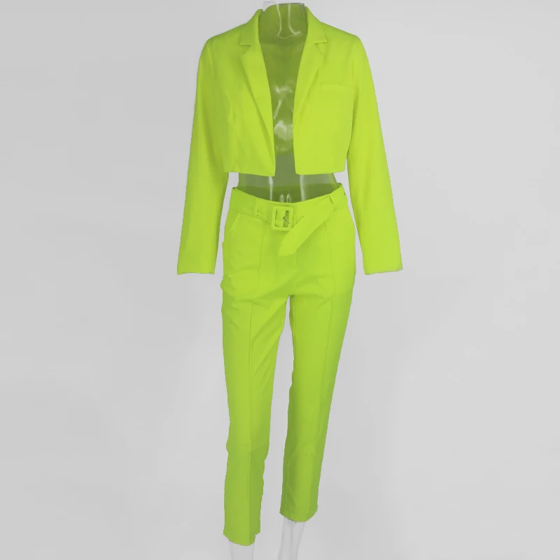 Slaygirl, сексуальный женский комплект 2 шт., топ и штаны, офисная одежда для женщин, костюмы, 2 предмета, наряды с поясом, осенний комплект из двух предметов, офисный, новинка - Цвет: Зеленый