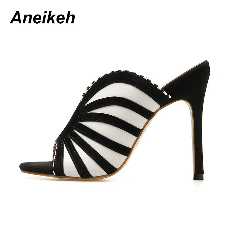 Aneikeh/модельные туфли на высоком каблуке в полоску с принтом зебры; летние модные слипоны на тонком каблуке; женские сабо; Цвет Черный; Размеры 35-40