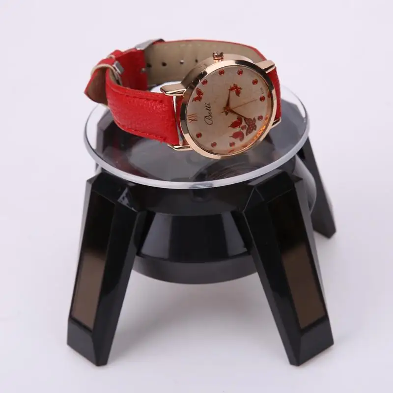 Солнечная приведенная в действие 360 градусов ювелирные изделия вращающийся Дисплей Стенд поворотный стол светодиодный свет инструментов для создания украшений, часы кольцо для очков стенд
