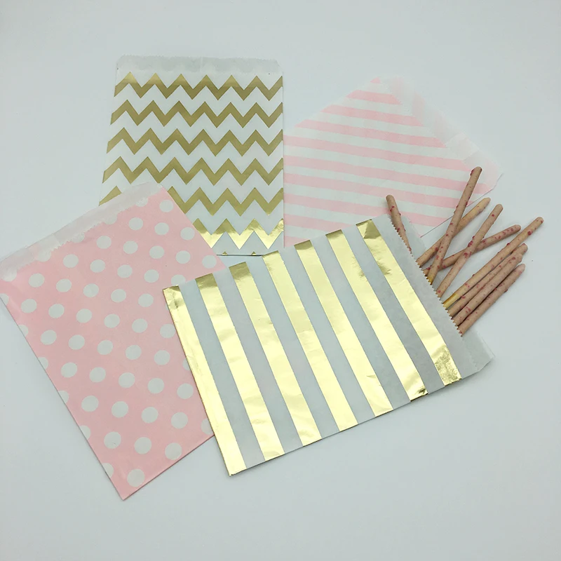 

100pcs Assorted Pink Gold Metallic Paper Bags 5 x 7.5 Inch Flat Paper Bags Stripe/Polka Dots/Chevron Birthday Party Treat Bags