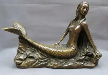 

China brass copper carved beautiful sit fine mermaid sculpture Statue