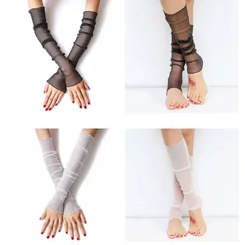 

Lady Female Summer Ice Silk Driving UV Protection Half Finger Gloves Metallic Yarn Glitter Solid Color Arm Sleeves Ruffles Trim