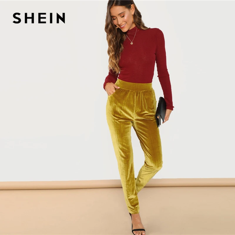 SHEIN Ginger Office Lady Solid Pocket Front Velvet Elastic Waist Cigarette Pants 2018 Autumn Fashion Casual Women Trousers