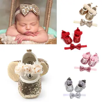 

Newborn bling baby girl shoes Toddler Headband Ribbon Elastic Baby Headdress Kids Hair Band Girl Bow Knot 4 colour