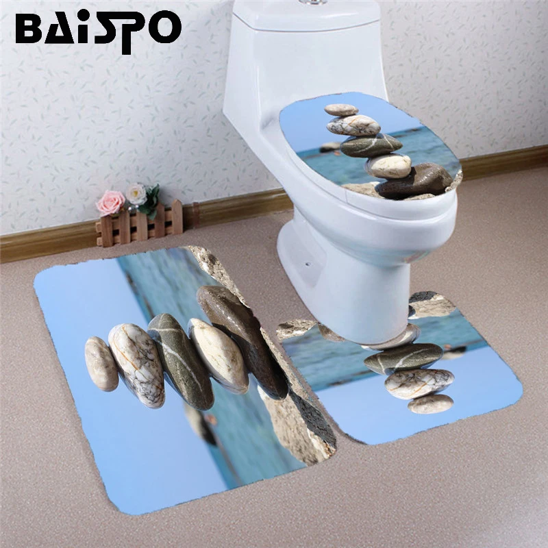 

BAISPO 3pcs Set Flannel 3D Stone Printing Non-slip Bathroom Mat Bathroom Decoration Toilet Seat Water Tank Cover Carpet