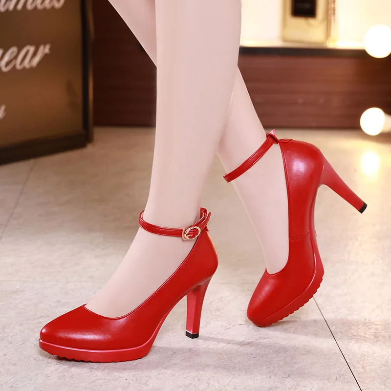 Размеры 32-43; женские туфли-лодочки на шпильке и на платформе; пикантные черные кожаные туфли; элегантные женские свадебные туфли - Цвет: Red8.5CM