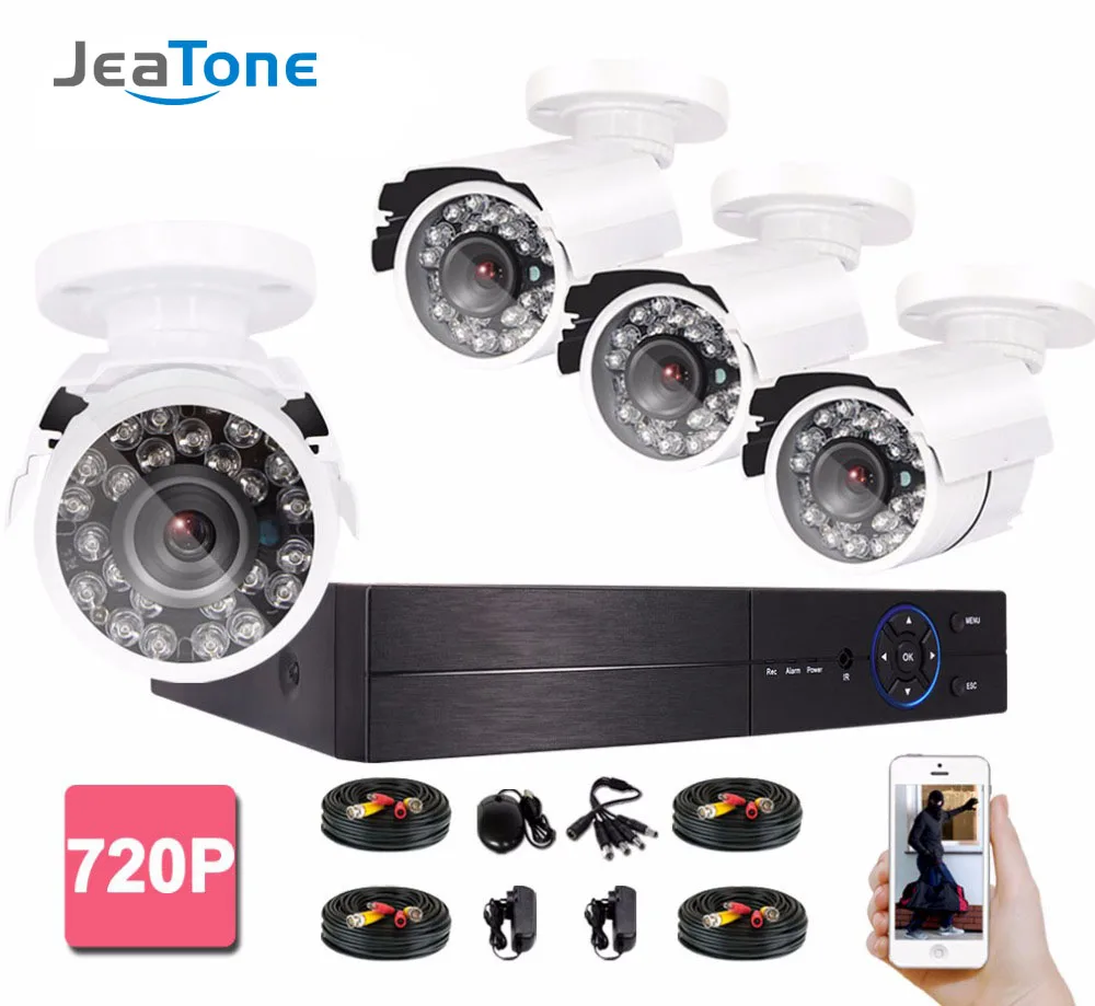 JeaTone HD 4CH DVR 4 шт. 720P 1200TVL камера безопасности видеонаблюдения видео системы Открытый водонепроницаемый Авто ночного видения камера