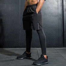 Комплект из 2 предметов мужские шорты для бега+ легинсы для тренировок спортзал фитнес бег шорты с карманами шорты для бега дышащие