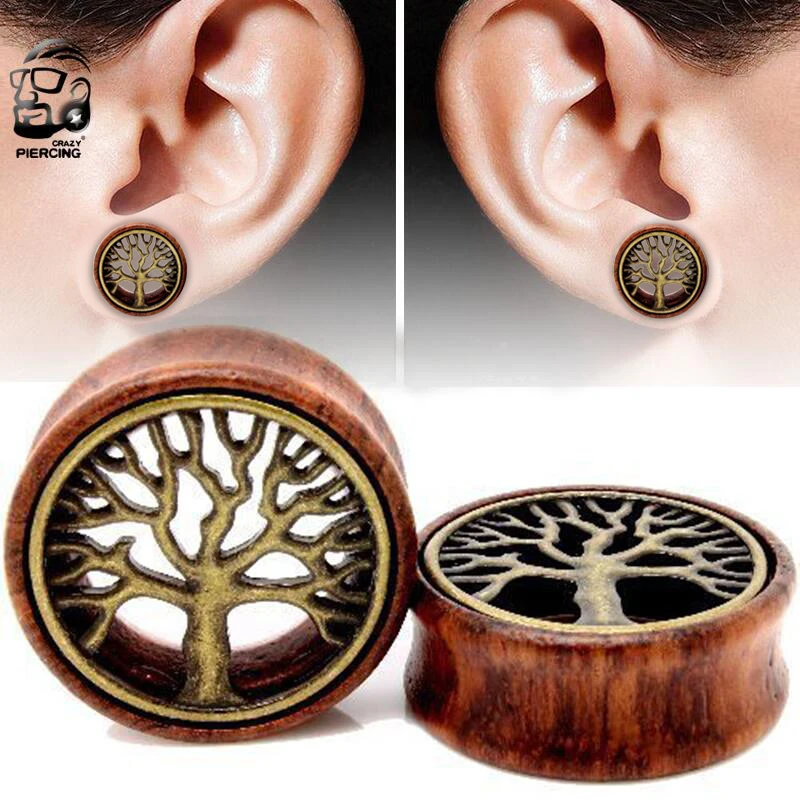 GOLD TREE OF LIFE Timber Ear Tunnel Piercing Jewellery Plug Saddle Wood TU61