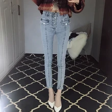 Высокая талия брюки клеш лодыжки длина молнии манжеты Карманы Кнопка джинсы для женщин офисные женские узкие умягчитель отбеленные