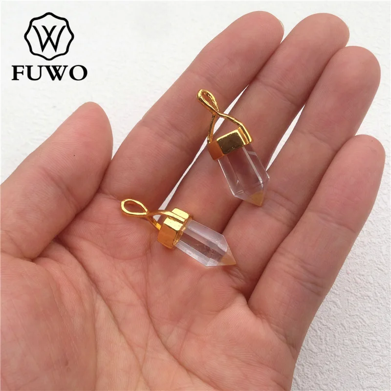FUWO опт карандаш точка необработанный Кристальный Кварц Подвески Золотая крышка Пуля Форма положительная энергия Исцеление Рок Кристалл ювелирные изделия PD005