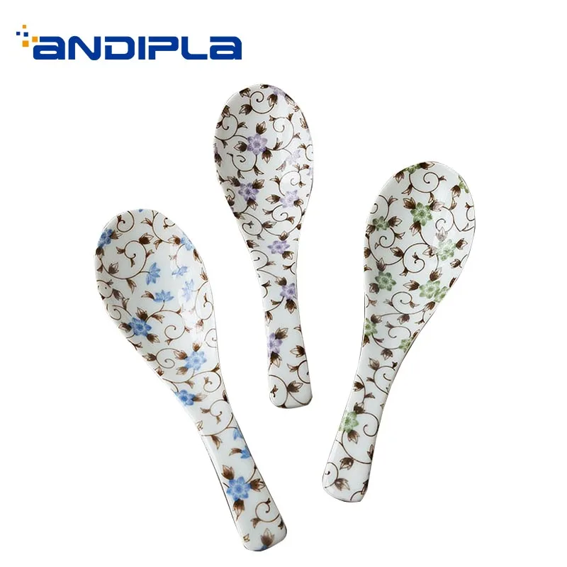 

2PCS/Lot Japanese Imports Flower Spoon Ceramic Underglaze Color Spoons Soup Rice Scoop Dinnerware Tableware Kitchen Accessories
