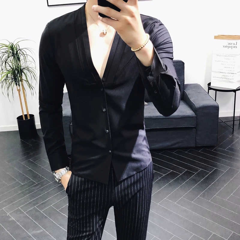 2018 Korean Style Men's Shirt Long Sleeve Slim Fit Sexy Shirts Man Deep V-Neck Red Black White Stretch Social Casual Shirts Men 