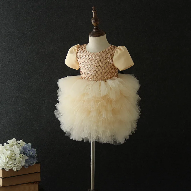 Розничная ; для маленьких детей короткий рукав платье с цветочным принтом с коротким рукавом блестками плед для сцены Свадебные платья детская одежда E19030 - Цвет: ivory