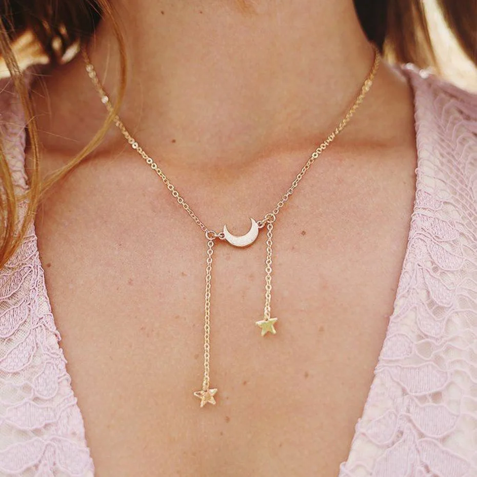 

2018 New Minimalist Moon Stars Tassel Pendant Necklaces For Women Gold Silver Long Chain Choker Necklace