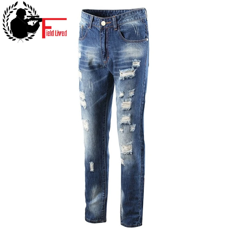 Ripped Men Blue Male Straight Pants Jogger Distressed Trouser Hole Size 34 36 38 40 42 Wholesale Clothing|denim biker|biker pantsjeans men - AliExpress