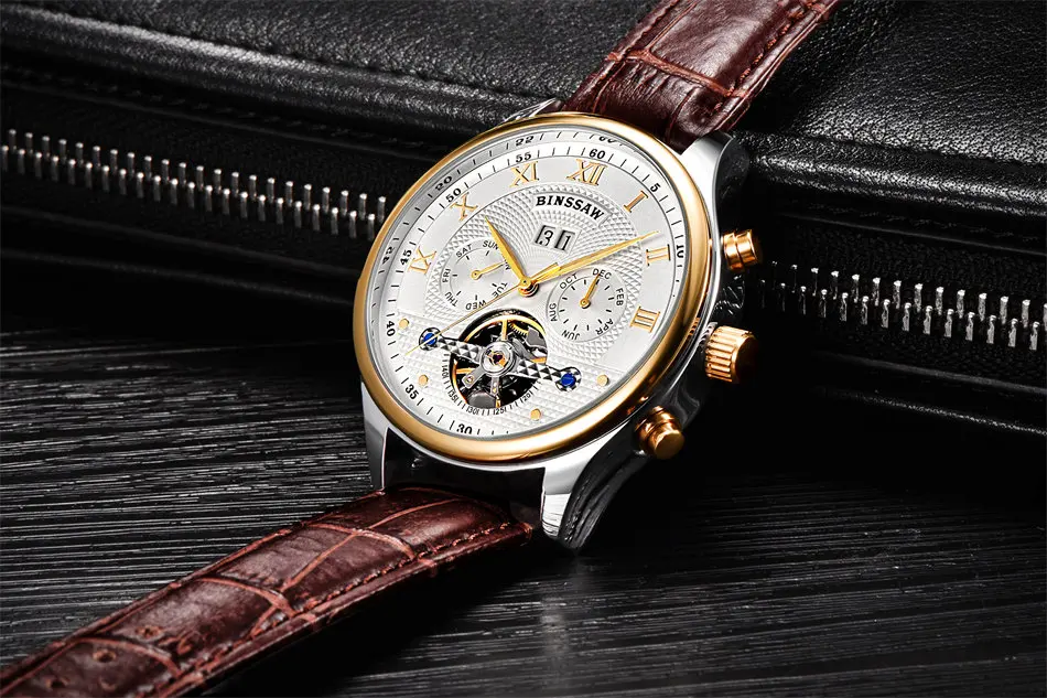 Fashion Luxury Brand BINSSAW leather Tourbillon Watch