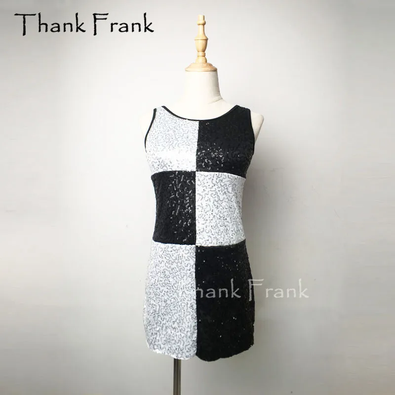 

Sequin Jazz Costumes For Kids Women Dress Checkboard Black and White Dance Clothing C427