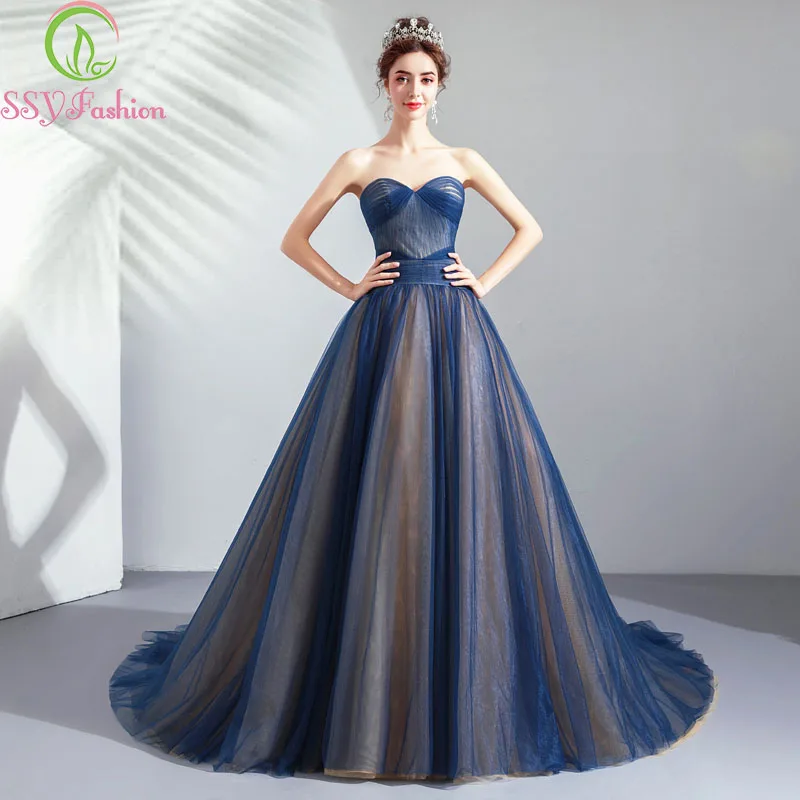 

SSYFashion 2019 New Banquet Simple Prom Dress Sweeatheart Sleeveless Long Tail Navy Blue Sexy Evening Party Gown Robe De Soiree