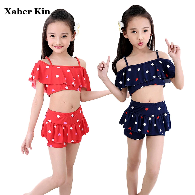 Girls Two Pieces Swimsuit Lovely Heart Bathing Suits Children Skirted ...