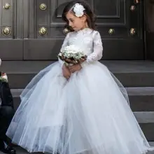 Платье принцессы с цветочным узором для девочек; сетчатые Длинные рукава; Пышное Бальное Платье с высоким вырезом; белые платья для первого причастия