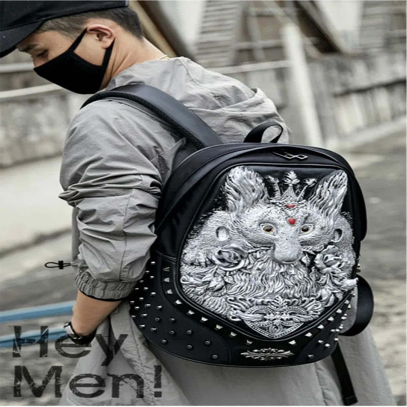 

Personalized Street Cool Rock MEN Backpack Grimace Pattern Owl Skull Fox Lion Pattern Backpack Funny Shoulder Bag Package