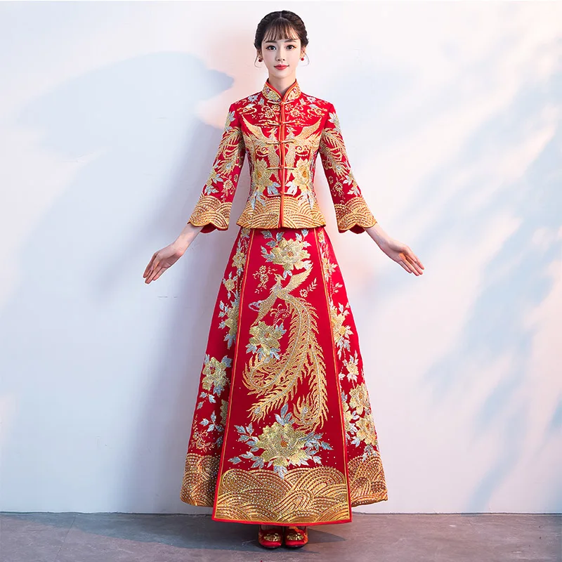 Изысканный Вышивка Феникс и цветок Qipao Винтаж для женщин древних Cheongsam костюм Королевский невесты торжественное платье свадебная вечерин