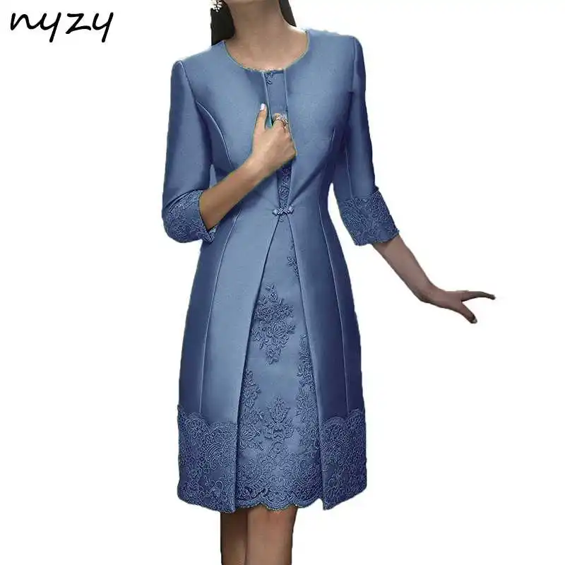 NYZY M22H Real Burgundy Mother of the Bride Dresses 2 Piece With Jacket Mother Suits Outfits Wedding Party Guest Wear - Цвет: grey blue