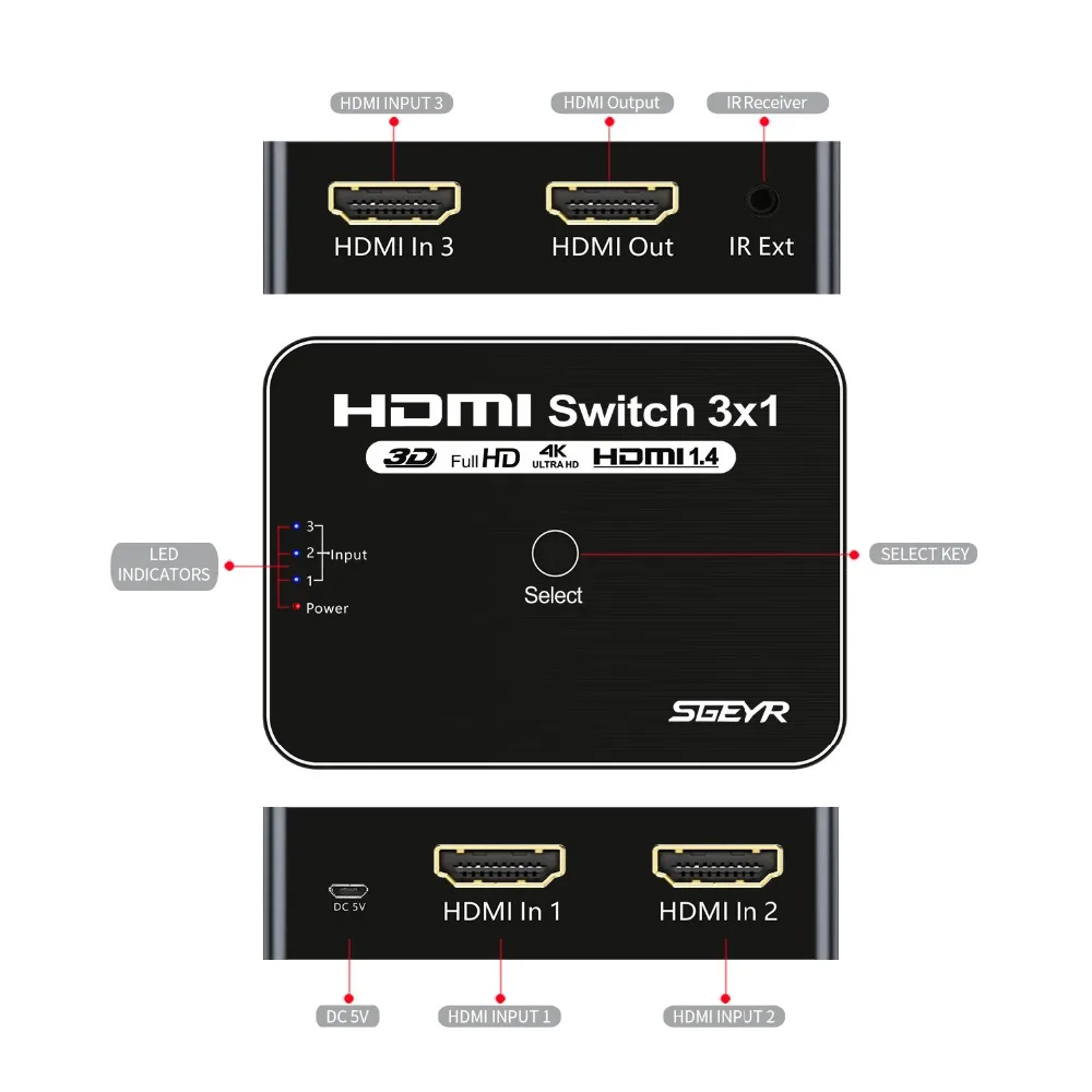 HDMI коммутатор 4K с дистанционным 3 портами 3x1 ручной Коммутатор Концентратор