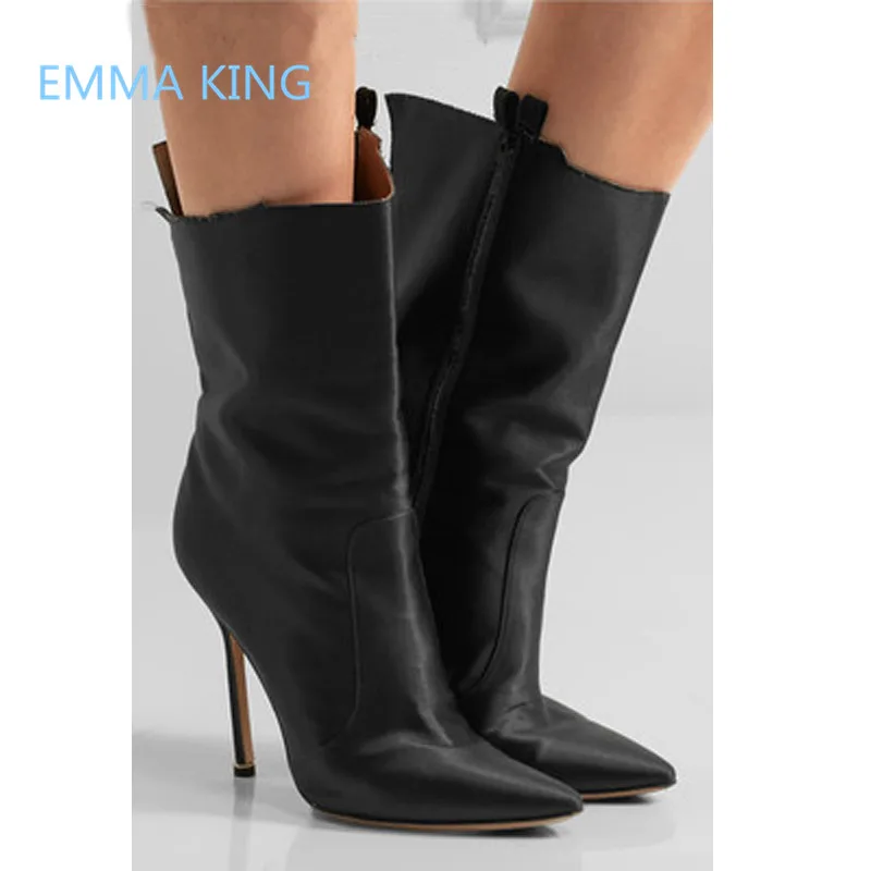 

Runway Black Leather Stiletto Heel Knight Boots Women Short boots Pointed Toe Sexy High Heels Fashion Women Autumn Winter Shoes
