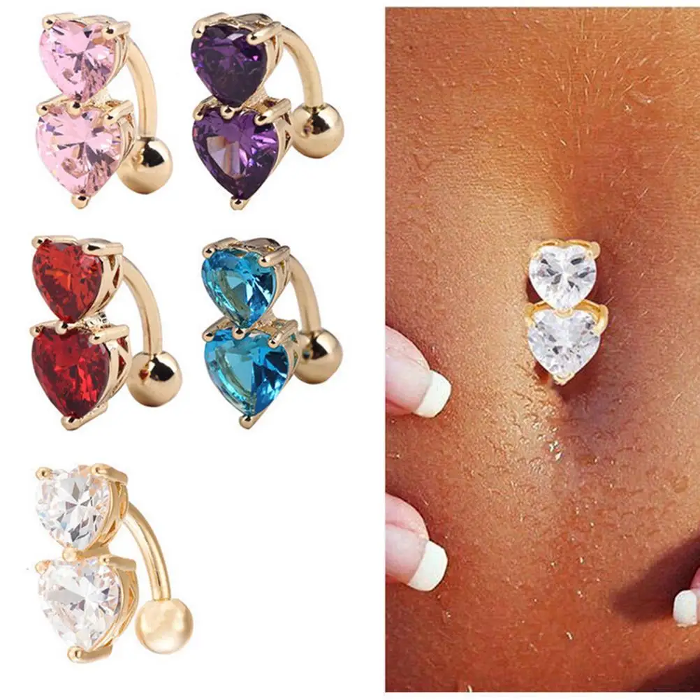 

Velishy 1Pc Navel Piercing 2 Colors Double Heart Shape Love Crystal CZ Belly Button Ring Piercing Body jewelry