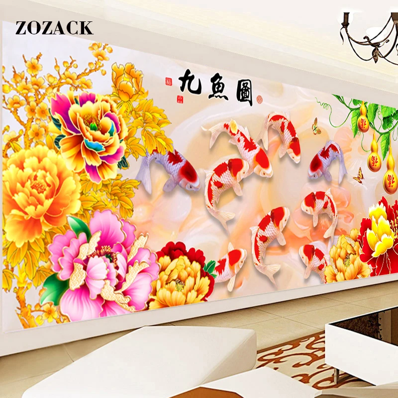 Cross-stitch kits everything for handmade Golden peony nine fish figure chinese cross stitch patterns embroidery kits Home Decor