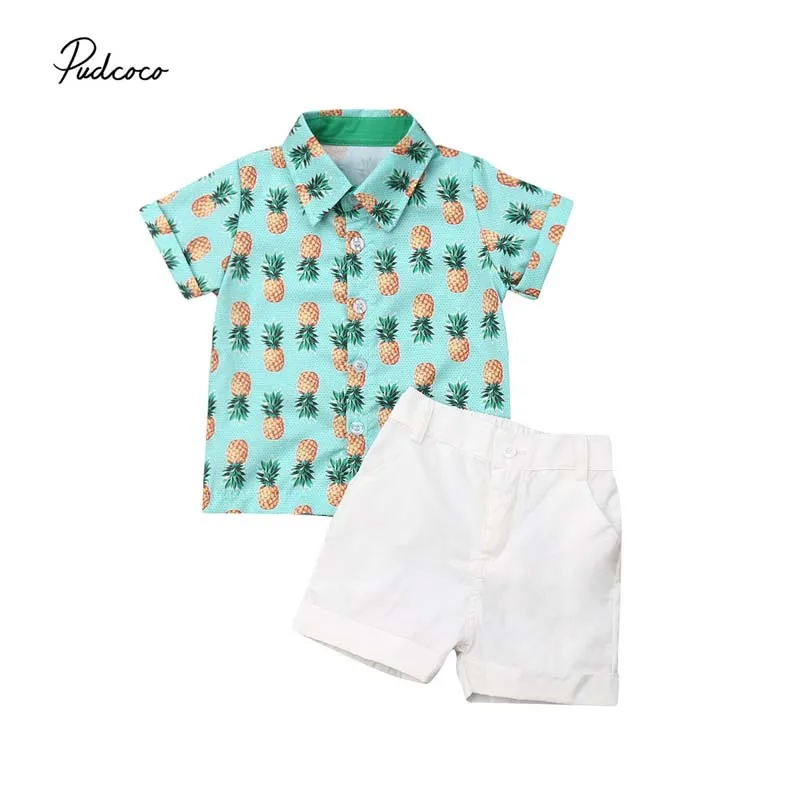 

2019 Brand Baby Boy Kid Gentleman Pineapple Shirt+Shorts Pants Wedding Party Summer Set Summer Casaul Boy Clothing Holiday Beach